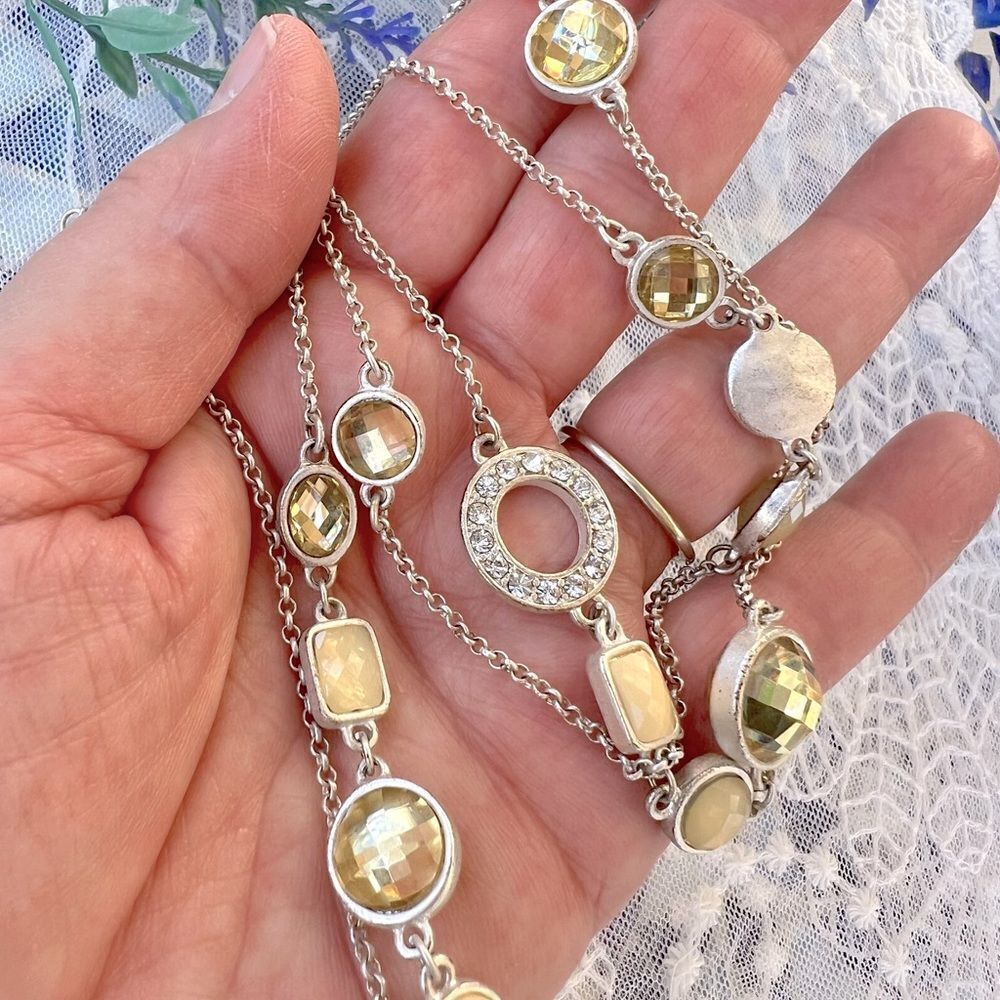 Matte Silver Cream Gold & Rhinestone Long Necklace 36” - Picture 6 of 7